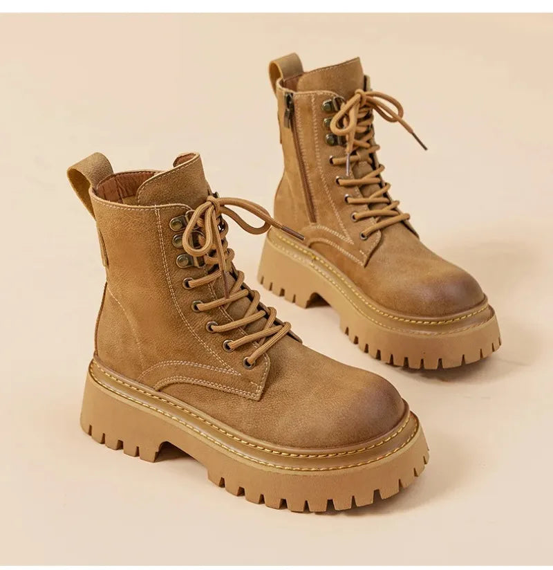 Women's Retro Genuine Leather Shoes - Stylish Rivet Short Boots