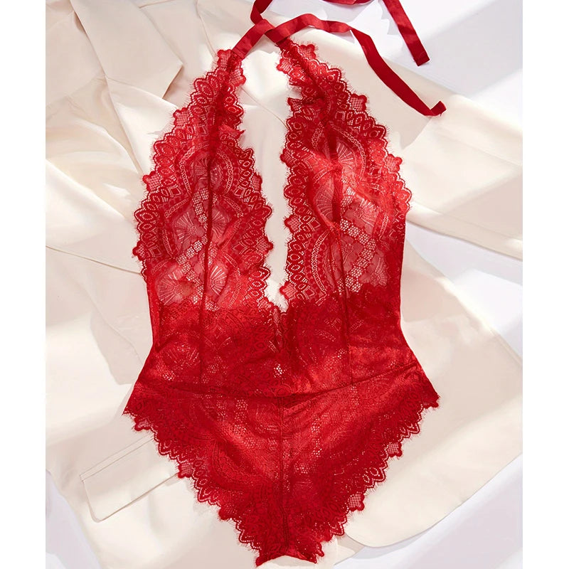 性感蕾絲女裝連身衣 2024新款 深V透視露背內衣 一體成型束身衣 熱辣服裝