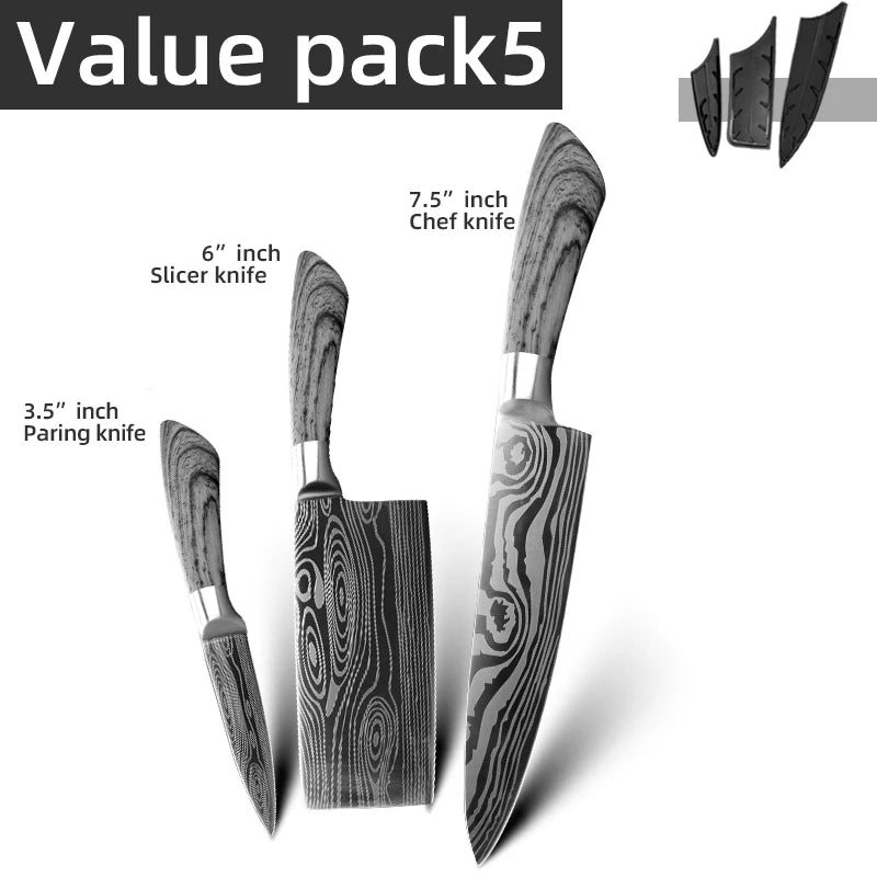 Bộ Dao Bếp Nhật Santoku 7Cr17 440C Vân Damascus