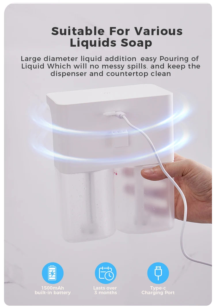 600ml Automatic Foam Soap Dispenser Double-Head Touchless Rechargeable 3-Level Adjustable Induction Sensor for Kitchen Bathroom