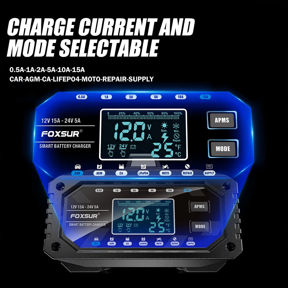 Car Battery Charger Protect Quick Charger Multiple Protections Intelligent Full Automatic 12V/24V LCD Display