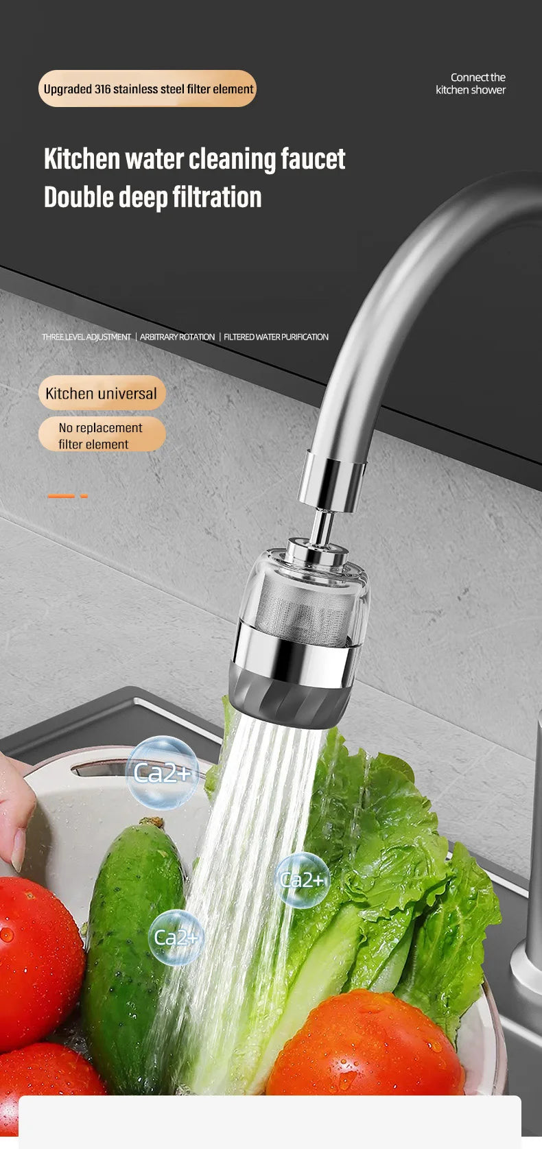 3-Mode Stainless Steel Faucet 360° Rotation Dual Filter Kitchen