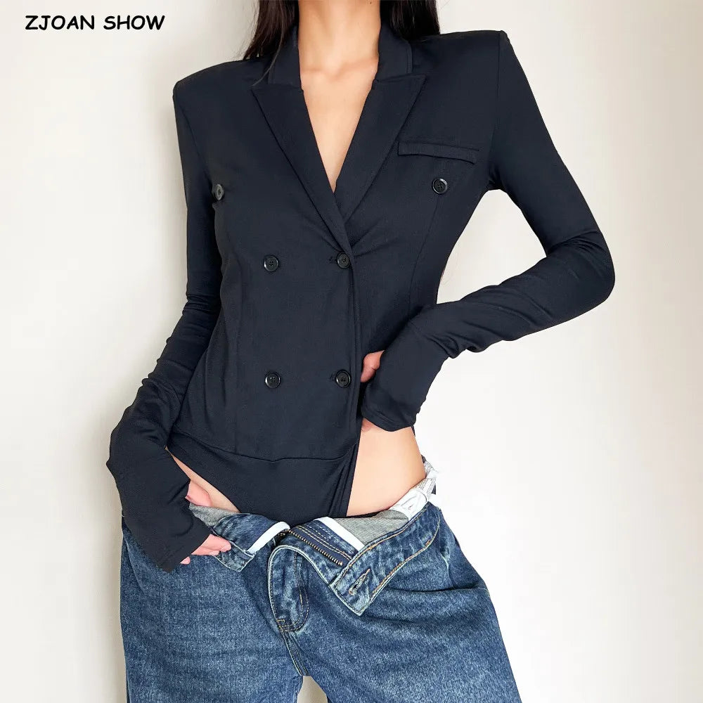 Women's Black Body Retro 2025 Long Sleeve Sexy Vest Collar