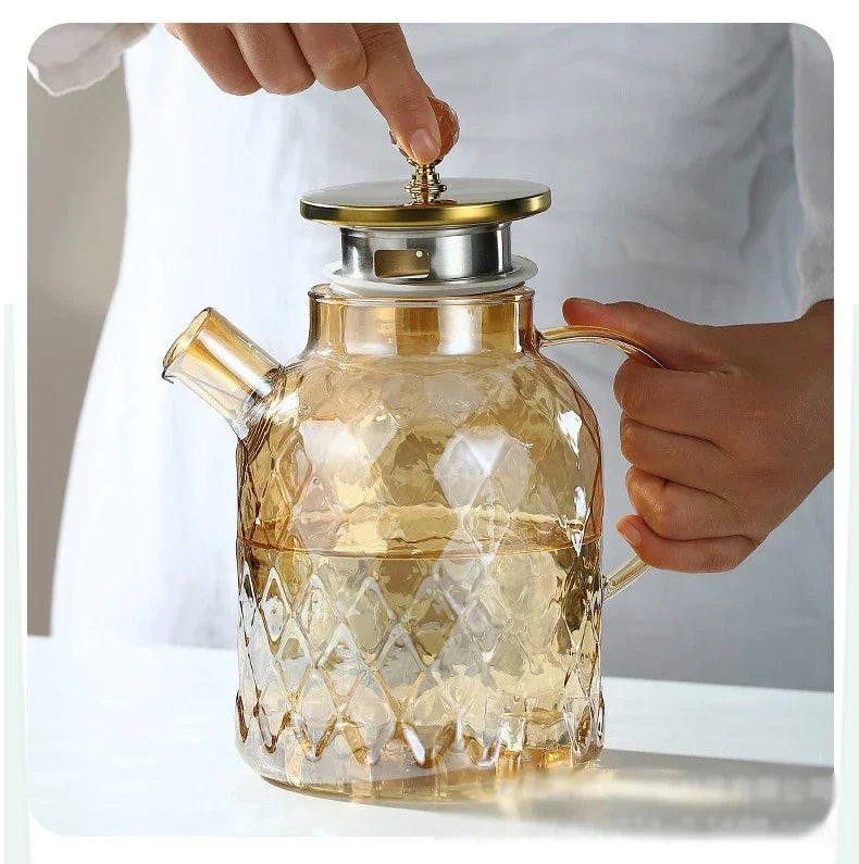 1/1.8L Tea Pot  High Borosilicate Glass Cold Water Kettle with Lid and Filter Amber Heat Resistant Tea Maker for Blooming Tea