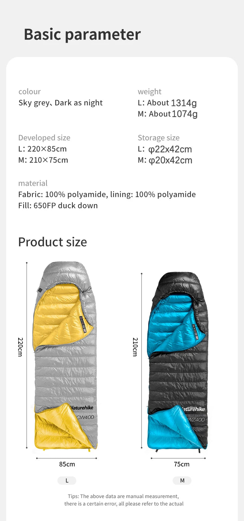 Naturehike CW700 Ultralight Duck Down Sleeping Bag 650FP