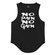 Áo ba lỗ đen với chữ trắng "NO PAIN NO GAIN" in theo phong cách nghệ thuật.