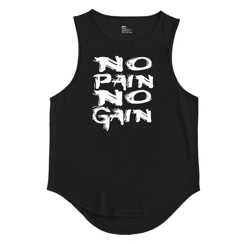 Áo ba lỗ đen với chữ trắng "NO PAIN NO GAIN" in theo phong cách nghệ thuật.