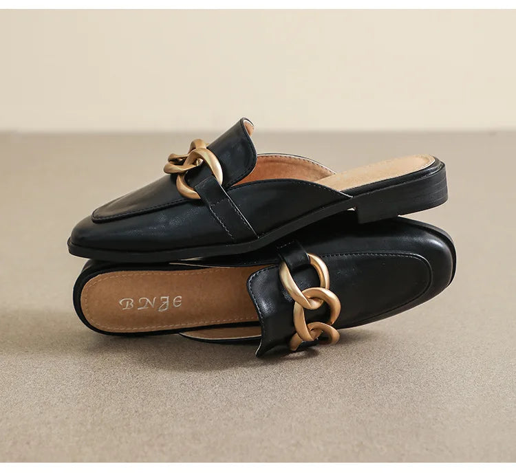 Women's Fashion Mules - Square Toe Black and White Chain