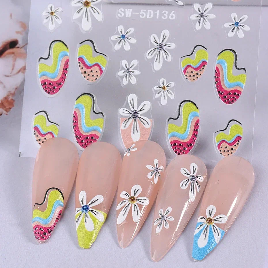 5D Colorful Daisy Flower Nail Art Sticker Lace Heart Spring Hollow Petals Boho Style French Engraved Slider Manicure Decorations - Daisan Mart