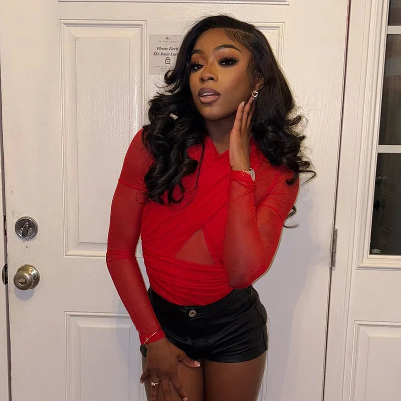 Nsauye Sexy Tights Long Sleeve High Waist Hollow Out Night Club Fashion Women Bodysuit Tops Y2K One Pieces Skinny Rompers 2025