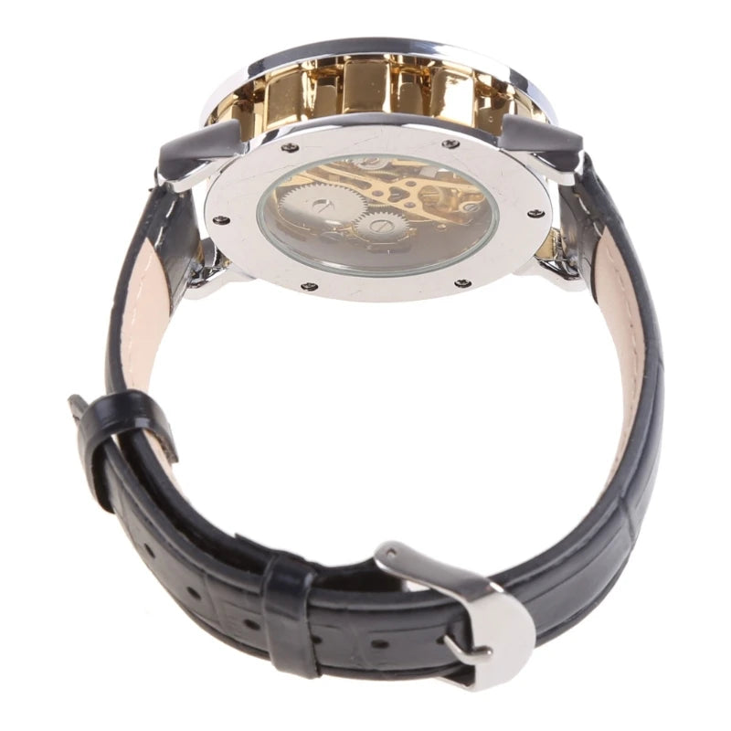 Đồng hồ nam cơ lộ máy dây da đen mặt vàng thể thao