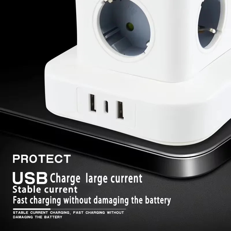 Ổ Cắm Tháp Đa Năng EU Có USB & Bảo Vệ Chống Sét