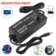 Bộ chuyển đổi nguồn điều chỉnh điện áp đen, có núm xoay và màn hình LED hiển thị.