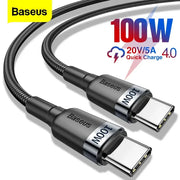 Hai cáp USB-C Baseus, màu đen, chữ "100W" lớn ở góc, hỗ trợ sạc nhanh 20V/5A.