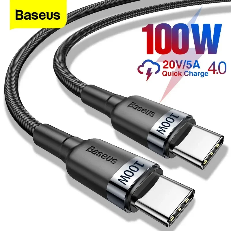 Hai cáp USB-C Baseus, màu đen, chữ "100W" lớn ở góc, hỗ trợ sạc nhanh 20V/5A.