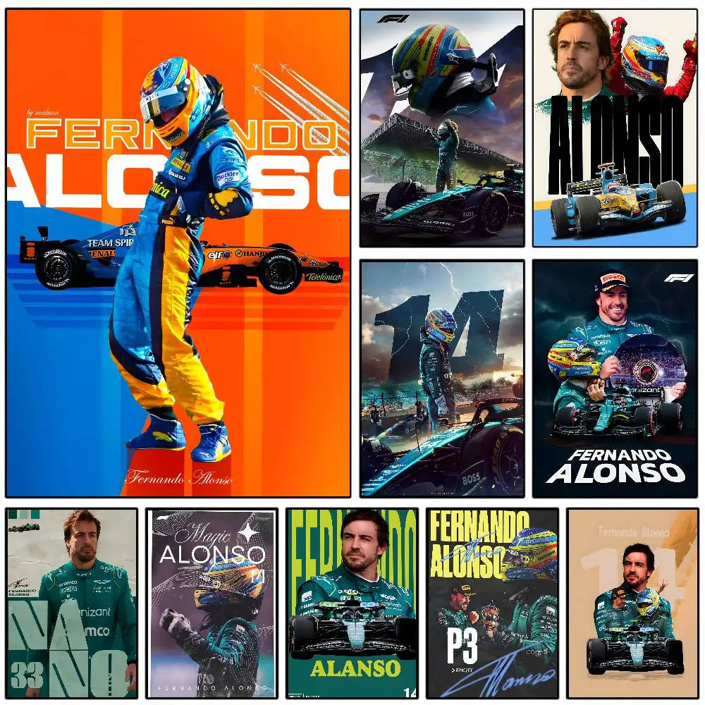 1PC F1 Racing Driver Fernando Alonso Poster Self-adhesive Art Waterproof Paper Sticker Coffee House Bar Room Wall Decor