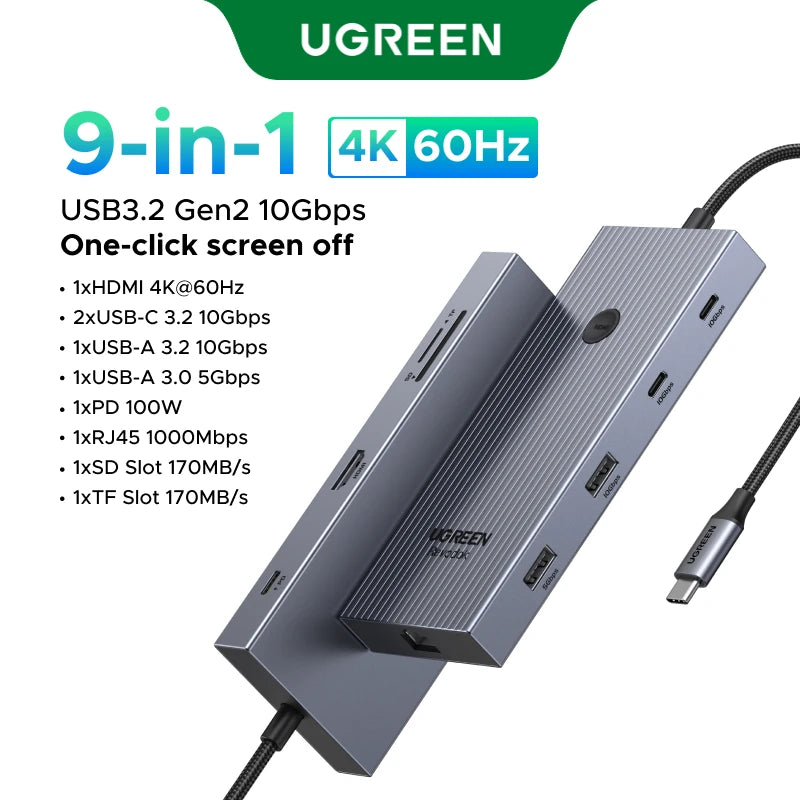 UGREEN 10Gbps USB C HUB 4K60Hz Type-C to HDMI RJ45 PD100W SD&TF USB Adapter for Macbook iPad Samsung Laptop Accessories Docking