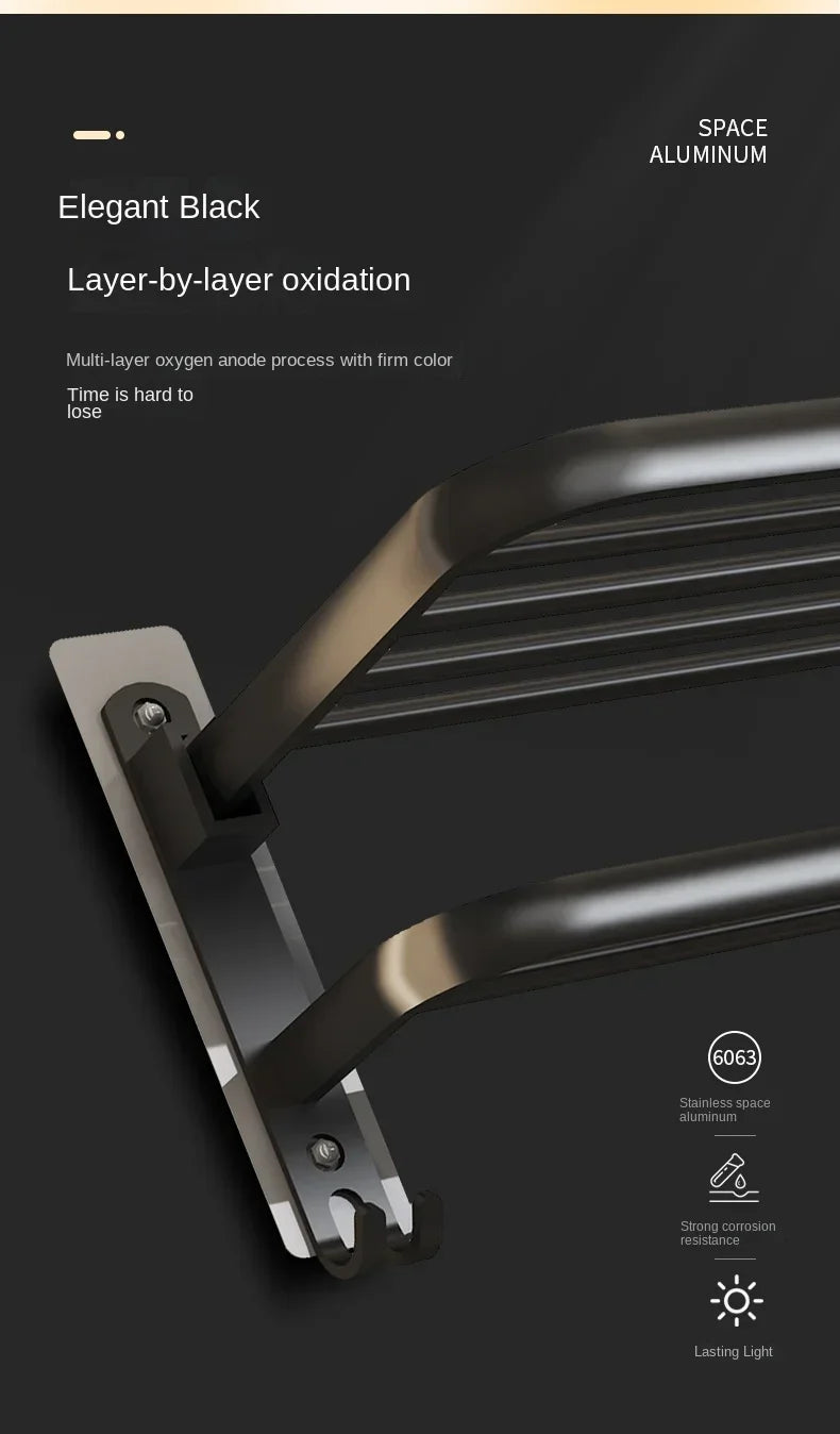 40/50/60CM No Drilling Towel Rack Fold Self-adhesive Wall Hanger Rail Bracket Black Aluminum Shower Bathroom Accessories Holder