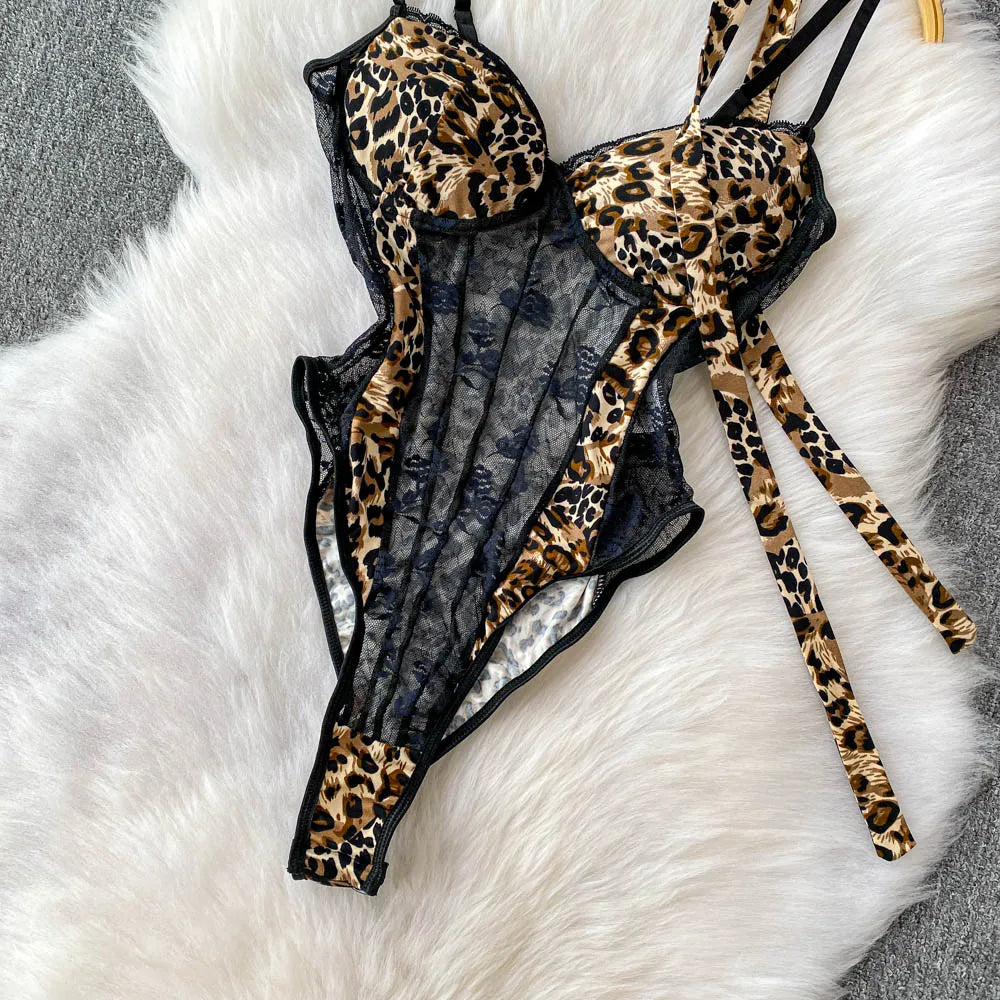 Women Hotsweet V-neck leopard slim Vintage Straps Bodysuits Chic lace Jumpsuits Slim Top Clothing