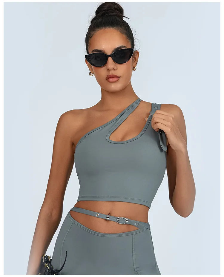Yoga Tank Top with Built-in Bra Asymmetric Single Shoulder Quick-Dry Breathable High Elasticity Workout Gym Fitness Clothes - Daisan Mart