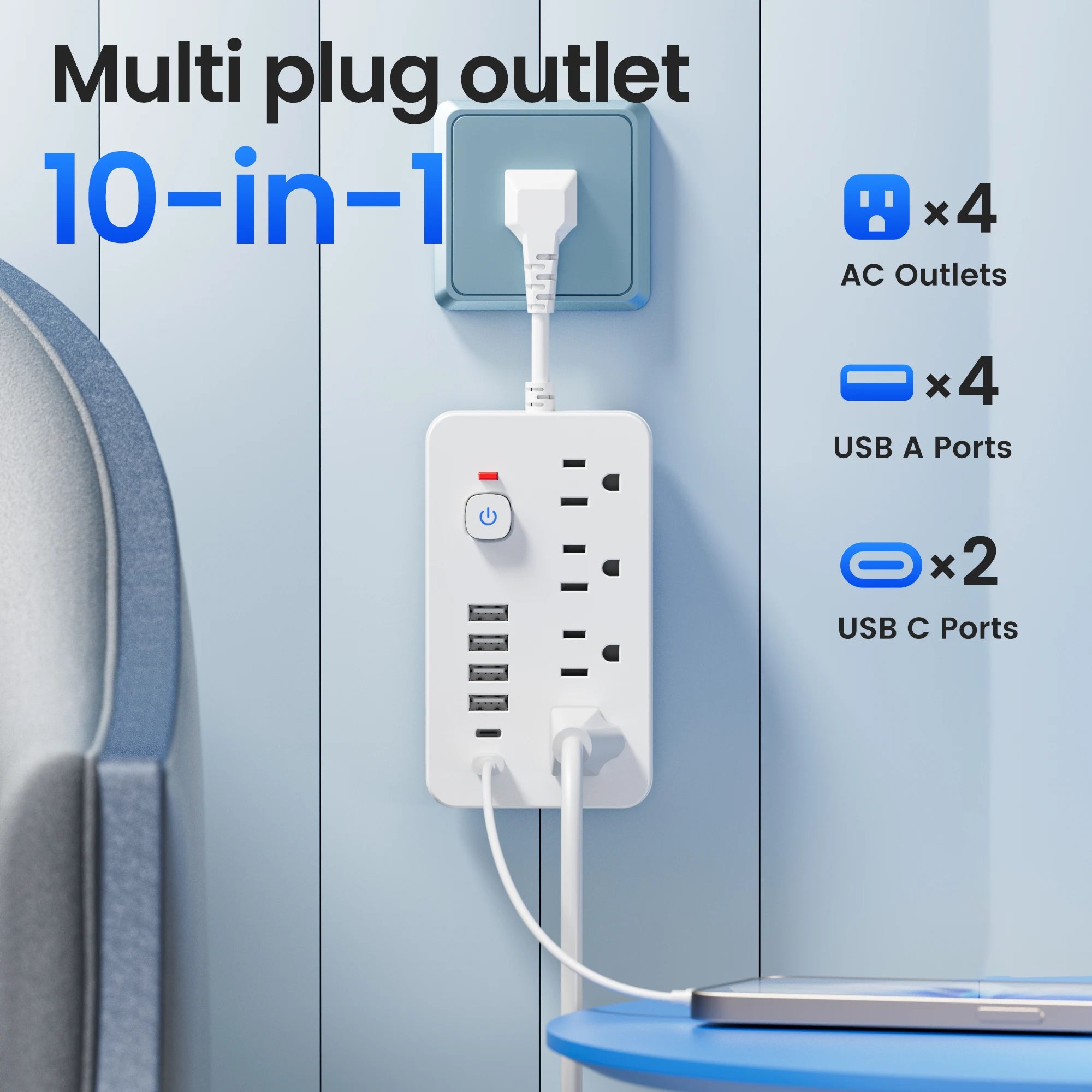 Ổ Điện 10in1 Đa Năng, 4 USB-C, Chống Sét, Bảo Vệ An Toàn