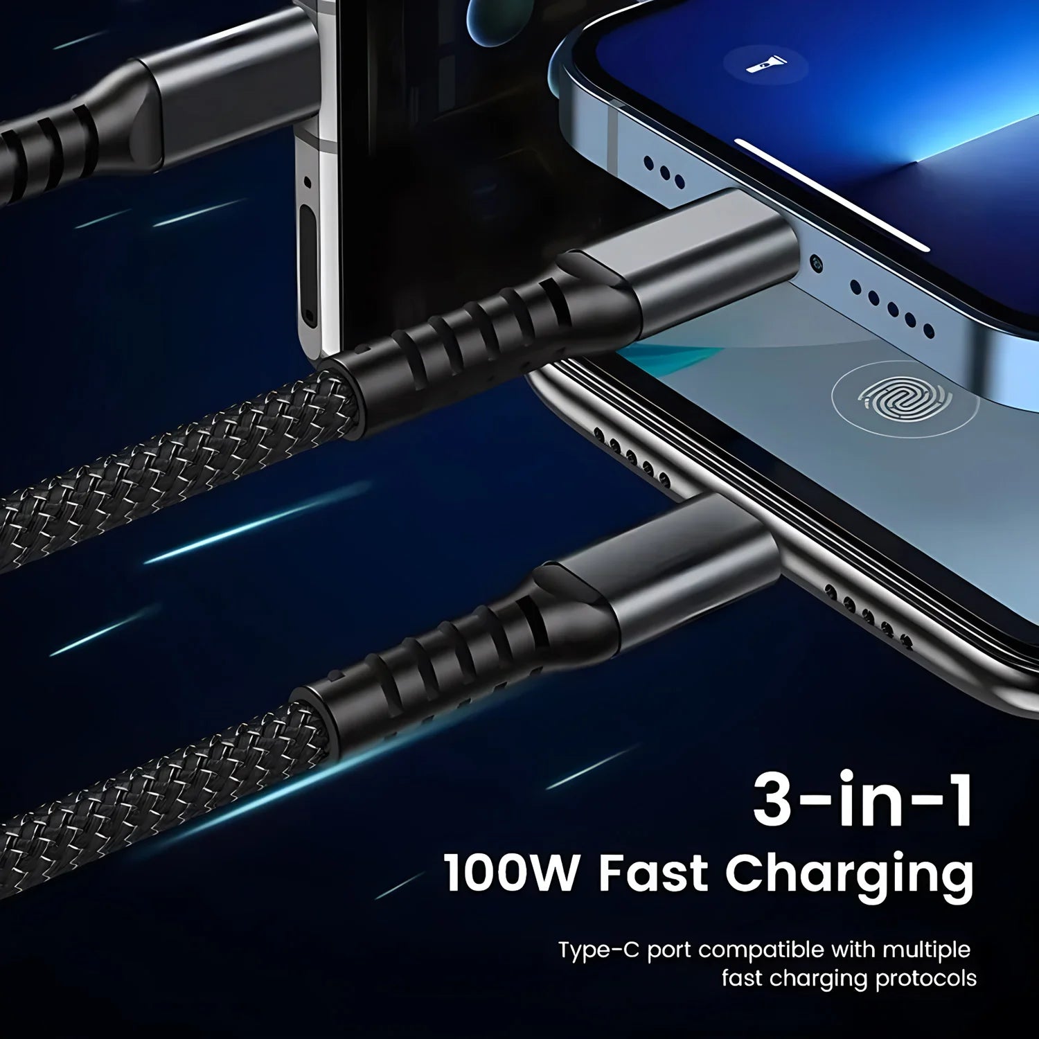 Cáp Sạc Nhanh 100W 3in1 Đa Năng Bọc Dù USB Type-C - Daisan Mart