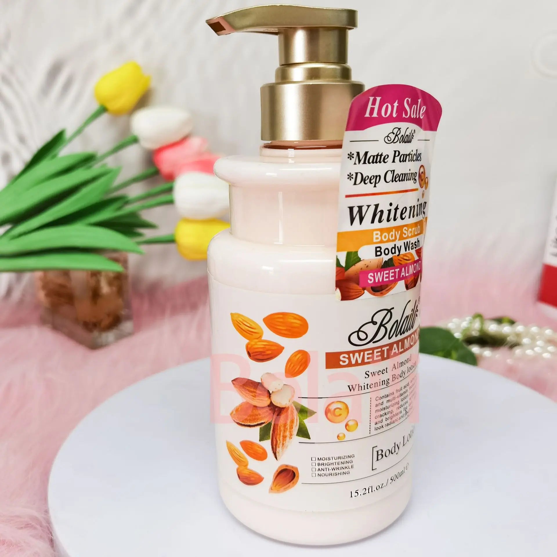 500ml Almond Whitening Body Lotion &amp; Scrub Body Wash Exfoliating Moisturizing Whitening Skin Lightening Increase Skin Radiance