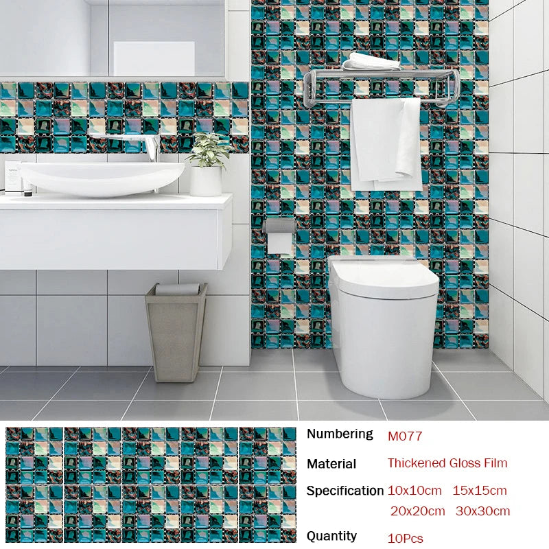 10pcs Flat Mosaic Style Tiles Sticker Kitchen Bathroom Waterproof &amp; Oilproof Art Wall Sticker Peel &amp; Stick Surface Glossy Film