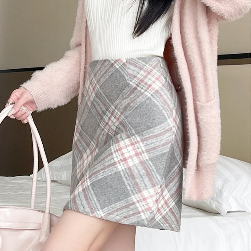Autumn Winter Korean Plaid Woolen Skirt Women High Waist Slimming Wrap Hip Mini Skirts Y2K Thicken Warm Short A-Line Skirt Mujer - Daisan Mart