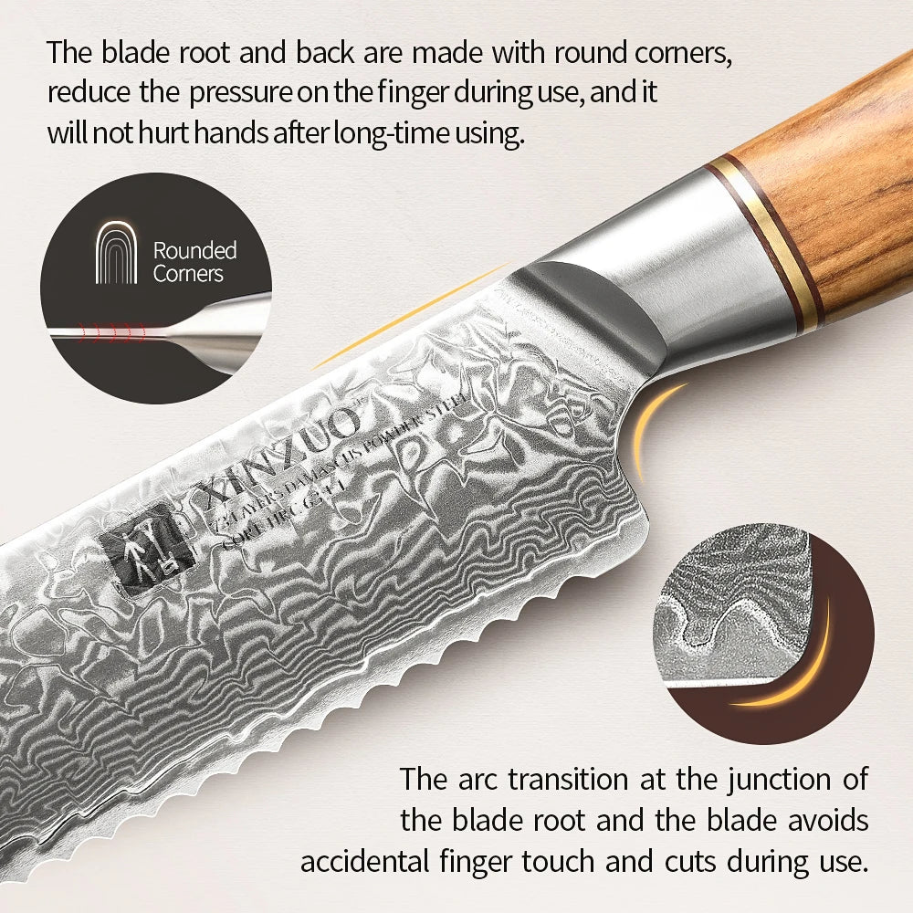 XINZUO 1-8pcs Kitchen Knife Set 73 Layers Custom Damascus Steel 15°±1 Per Side Steel Blade with Olive Wood Handle - Daisan Mart
