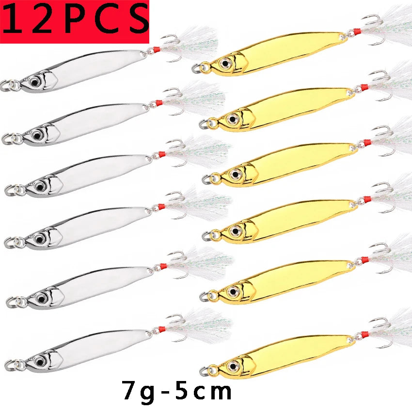 12PCS 15g 20g 40g 60g 80g Micro Jig S Shape Shore Casting Jigging Spoon Set Slow Metal Jig Hard Bait Carp Fishing Lures Hooks