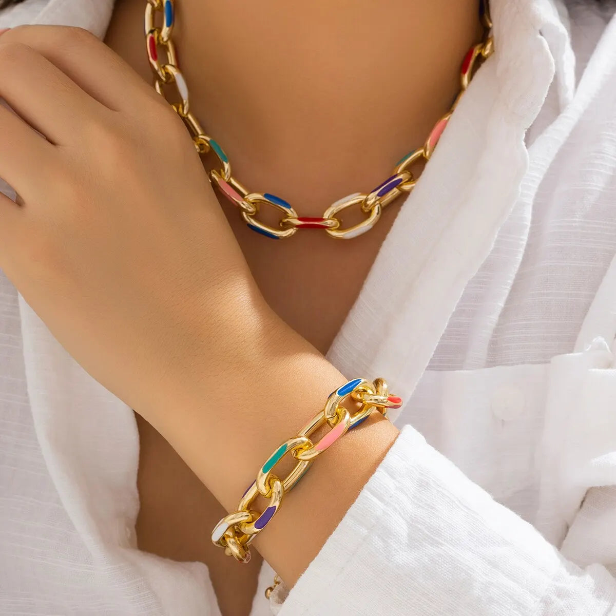 2Pcs/Set Colorful Bohemian Fashion Choker Necklace Bracelet Jewelry Set Classic Cross Chain Accessories for Women Gift Party - Daisan Mart