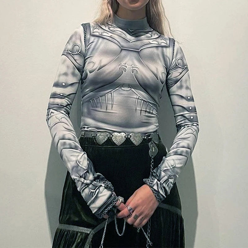 Goth Dark Techwear Printed Y2k Fashion Bodysuits Cyber ​​Gothic Punk Long Sleeve T-shirts Bodycon Women Grunge Streetwear Bodysuit