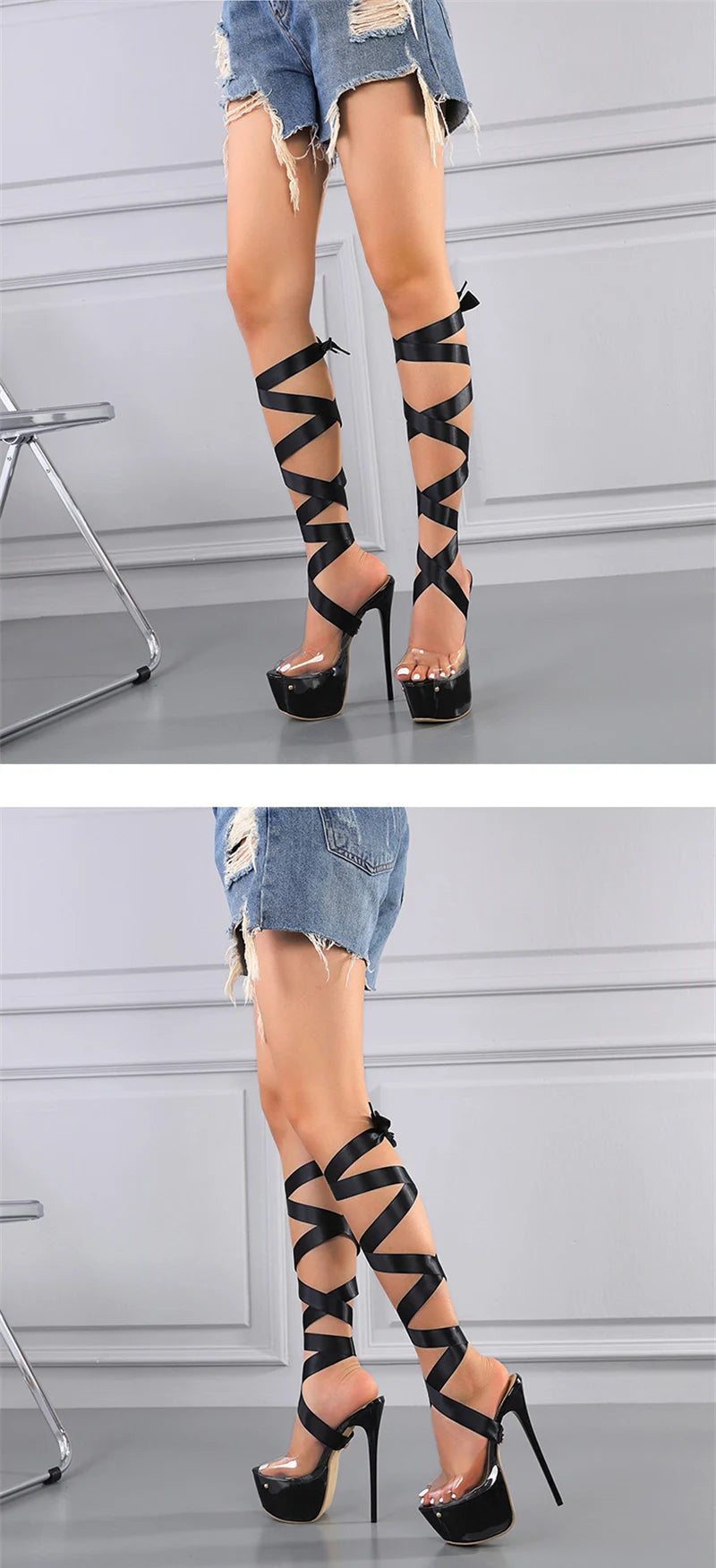 Sandal Cao Gót Đỏ Trong Suốt Buộc Dây Quyến Rũ - Daisan Mart