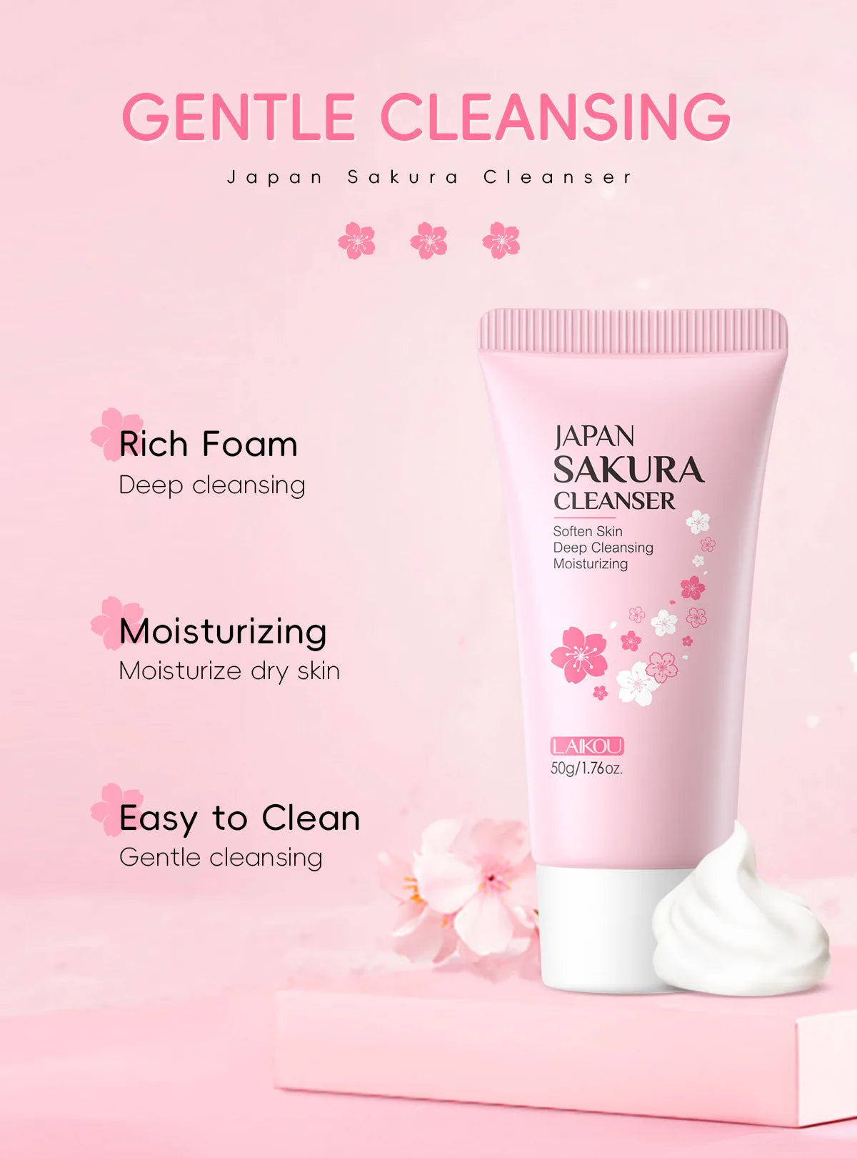 LAIKOU Sakura Facial Cleanser Foam Face Wash Remove Blackhead Moisturizing Shrink Pores Deep Cleaning Oil Control Skin Care 50g