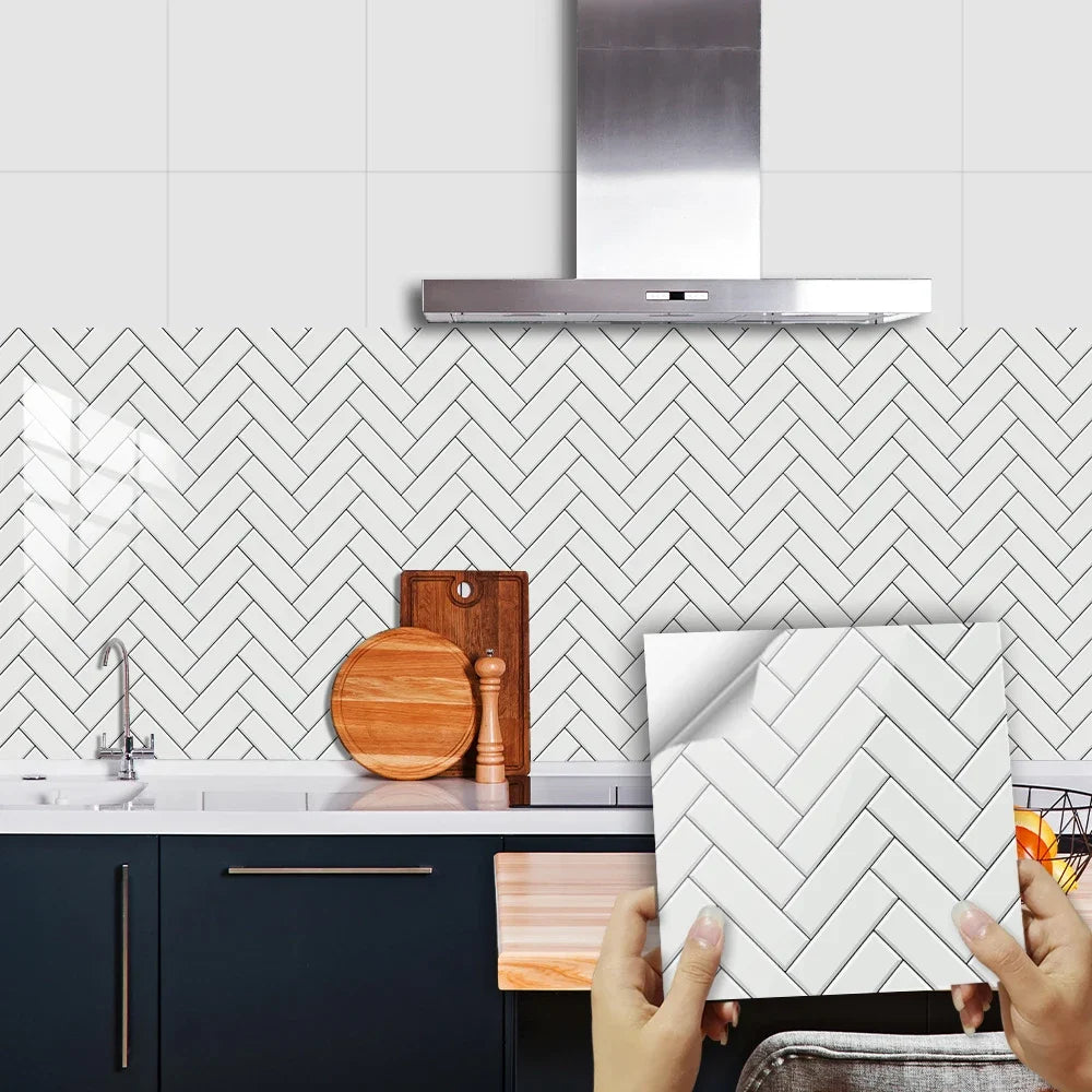 10pcs/set White Gray Brick Tiles Sticker Kitchen Backsplash Oil-proof Cupboard Washbasin Peel &amp; Stick Waterproof Art Wallpaper