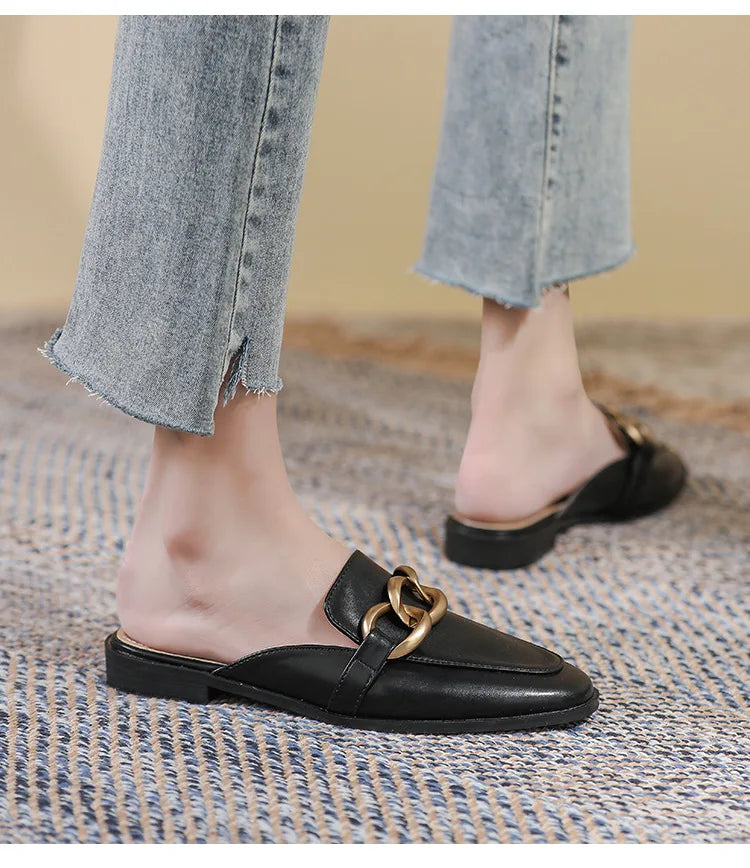 Women's Fashion Mules - Square Toe Black and White Chain