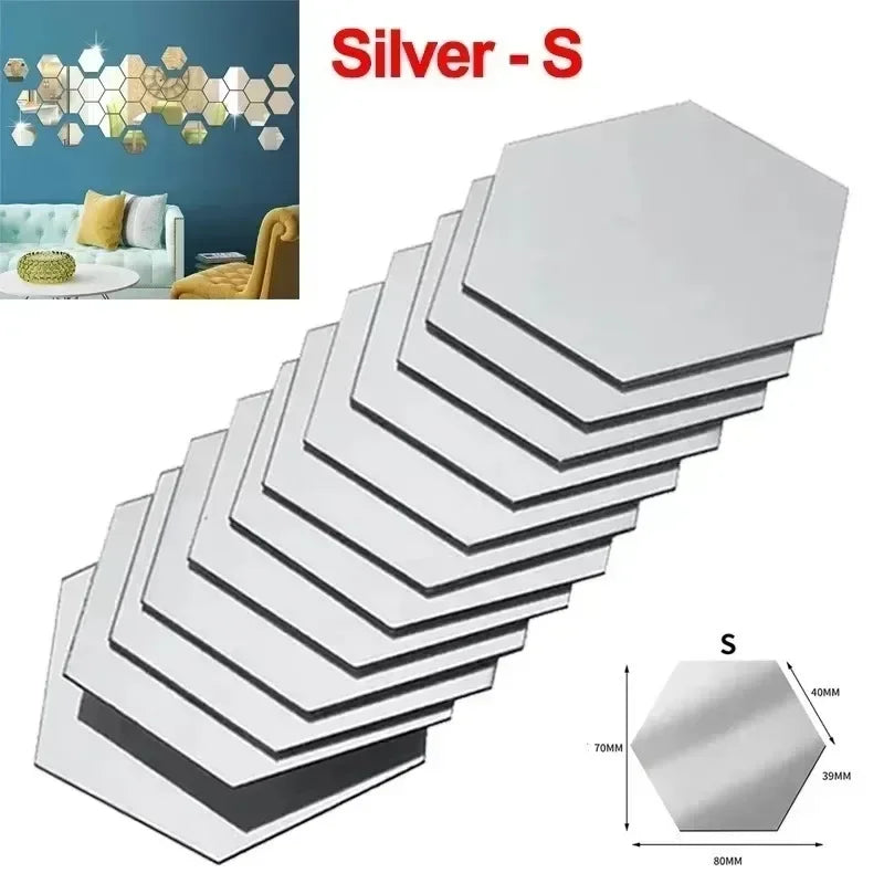120/6pcs 3D Mirror Wall Sticker Hexagon Acrylic Self Adhesive Mirror Stickers Art Wall Decal Mosaic Tiles DIY Home Bedroom Decor
