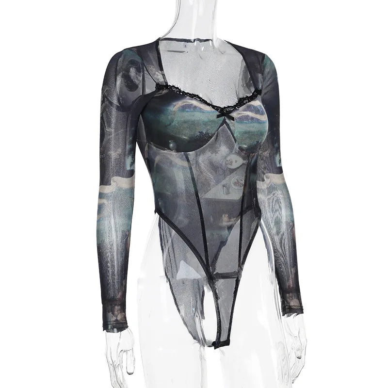 Goth Dark 90s Retro Print Mesh Long Sleeve Skinny Bodysuits Cyber ​​Y2K Sheer Tops Women Gothic Lace Patchwork Bodysuit Streetwear