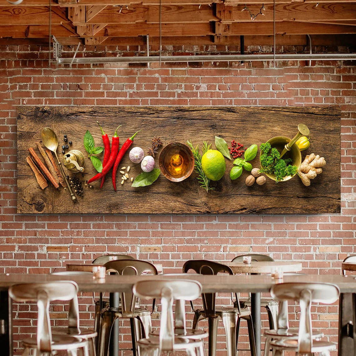 Kitchen Spice Canvas Wall Art, Grain Spice Spoon Chili Lemon Poster Printing Wall Art for Living Room and Dining Room Home Decor