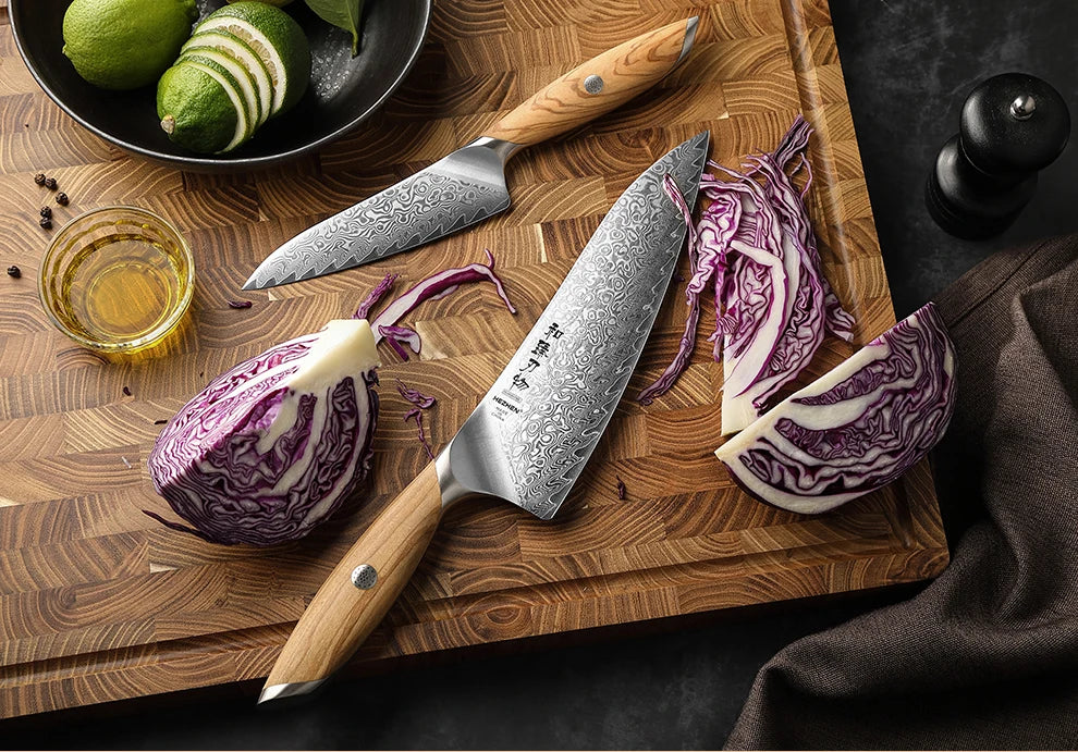 HEZHEN 1PC Or 2PC Knife Set 73 Layer Damascus Steel Powder Steel Core Sharp Kitchen Knives Olive Wood Handle Gift Box