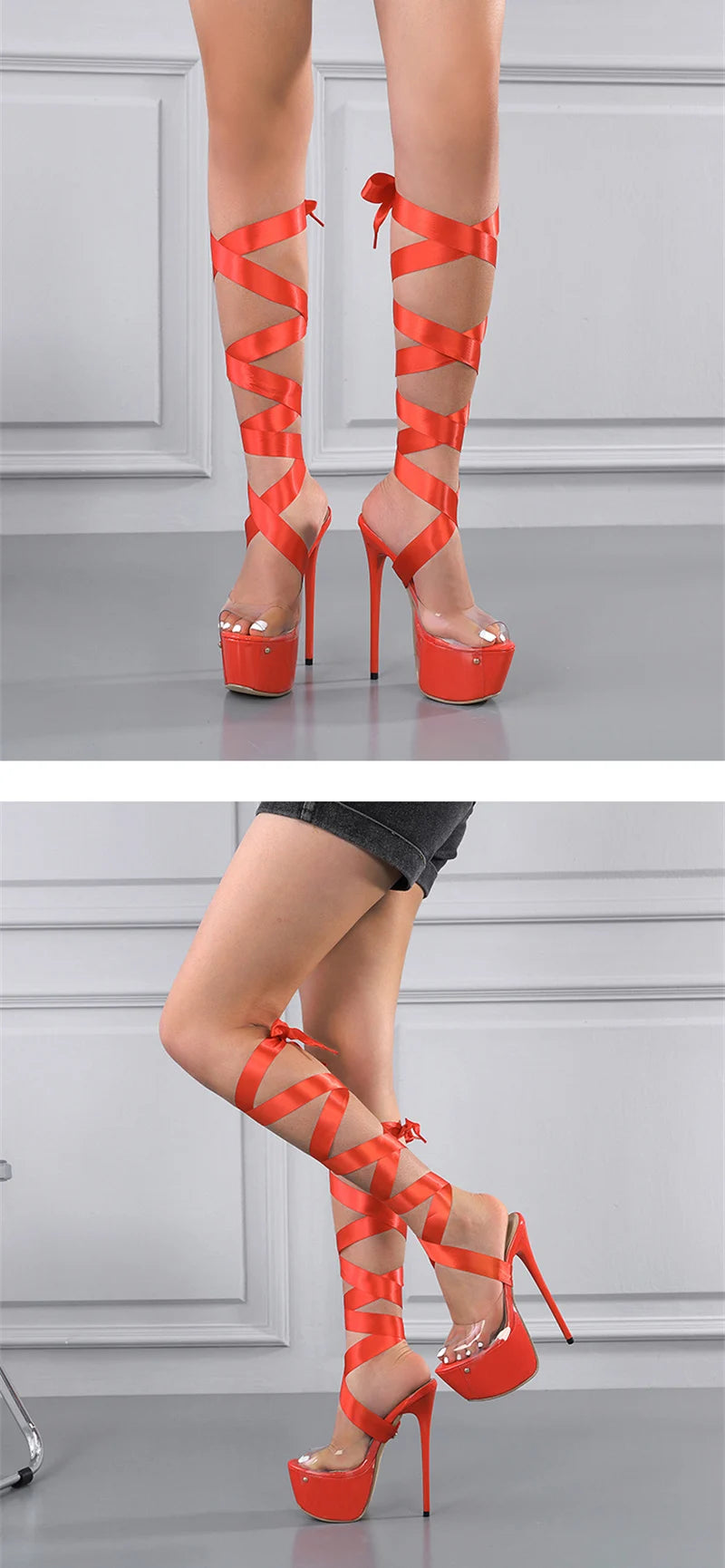 Sandal Cao Gót Đỏ Trong Suốt Buộc Dây Quyến Rũ - Daisan Mart