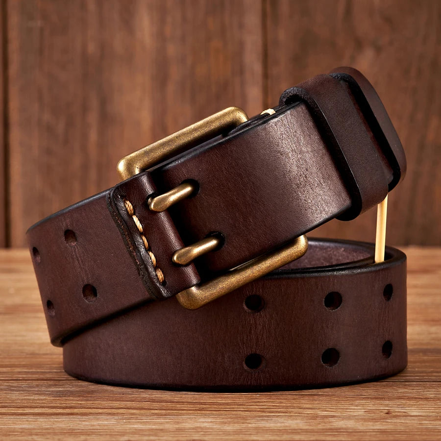 Men's Vintage Cowhide Belt with Double Brass Buckle 3.8cm