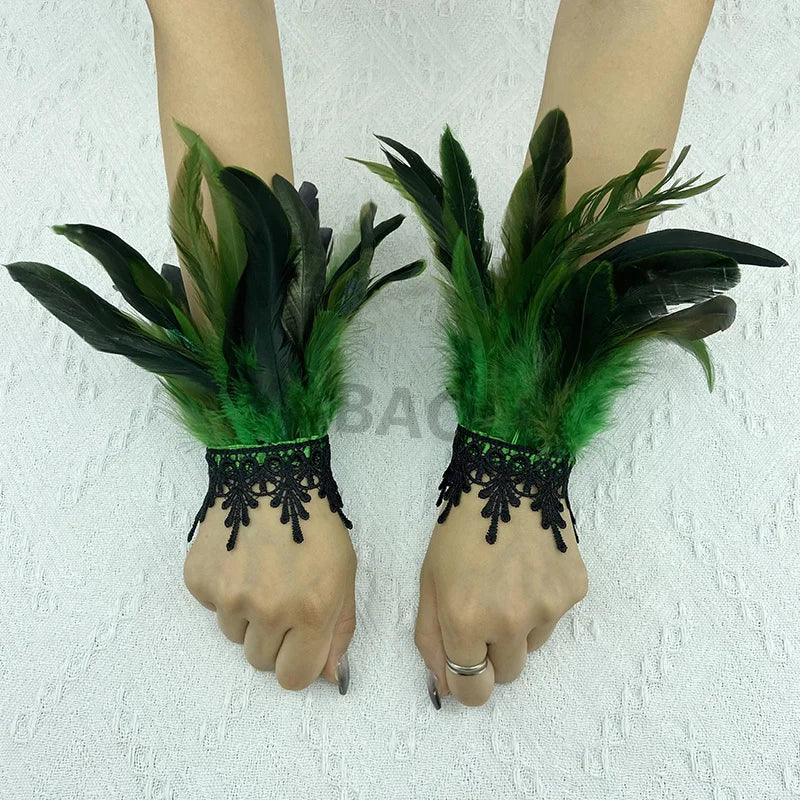 Natural Feather Sleeve Cuffs Gloves Party Cosplay Lace Wrist Cuffs Fur Sleeve Furry Accessories Carnival Stage Show Costume - Daisan Mart
