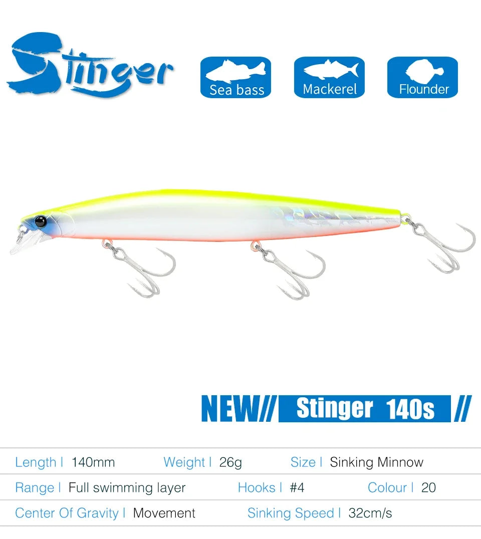 TSURINOYA Stinger 140S Fishing Lure Sinking Minnow DW92 140mm 26g Saltwater Seabass Ultra Long Casting Large Hard Baits Jerkbait