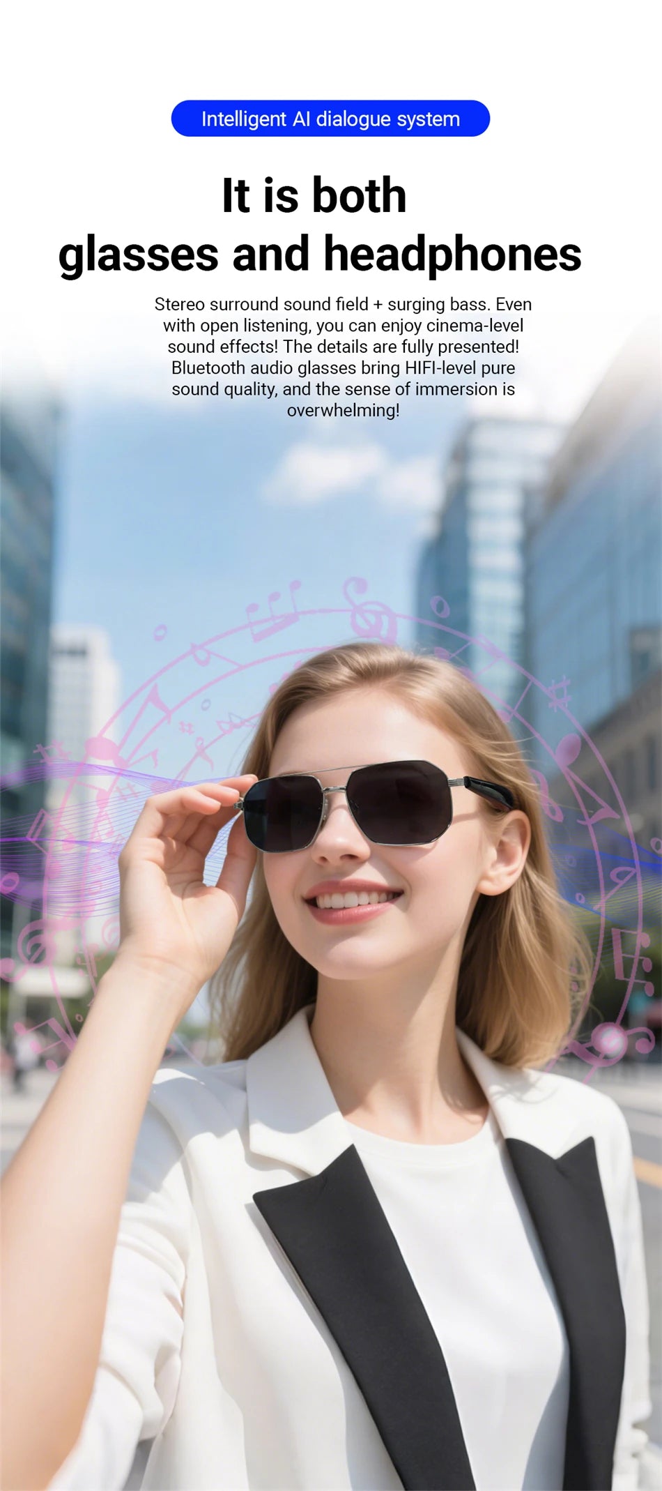 LIGE Ai Smart Bluetooth Glasses 100+Languages ​​Translation Real-time Q&amp;A BT5.4 Music UV Protection Smart Sunglasses for Men Women