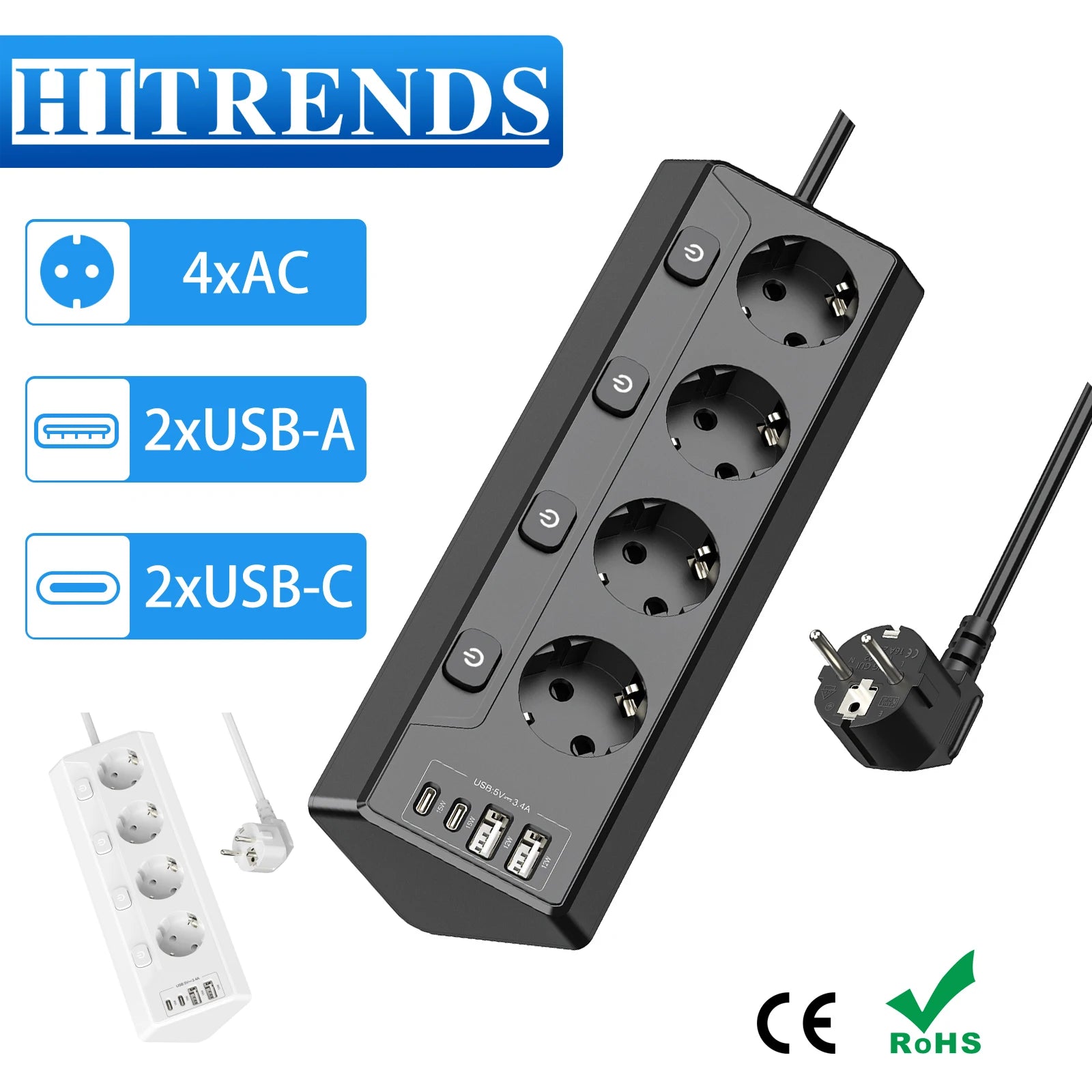 Ổ Cắm Đa Năng EU 4 Lỗ, 2 USB, 2 Type-C, Công Tắc Riêng