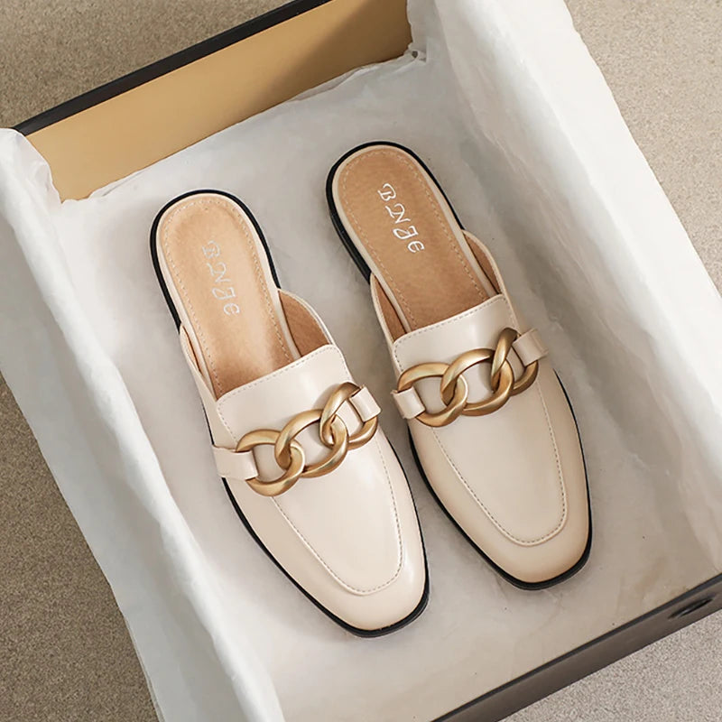 Women's Fashion Mules - Square Toe Black and White Chain