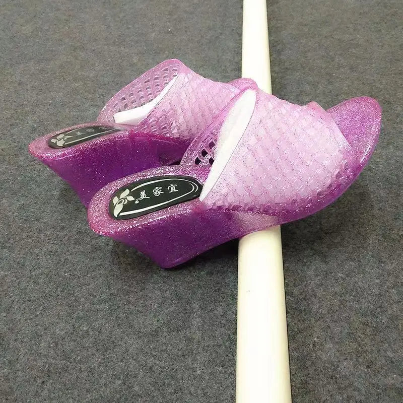 Summer Women's Causal One Word Slippers Soft Bottom Non Slip Slope Heeled Transparent Crystal Home Slippers Bathroom Slippers