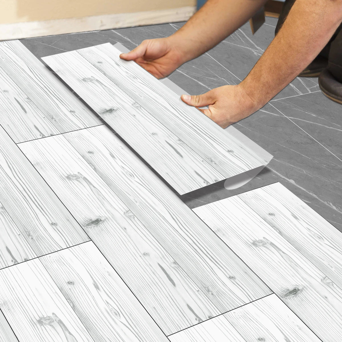 Classic White Wood Grain Floor Tiles Peel Stick Waterproof Home Kitchen Living Room Floor Renovation Self Adhesive Wallpaper